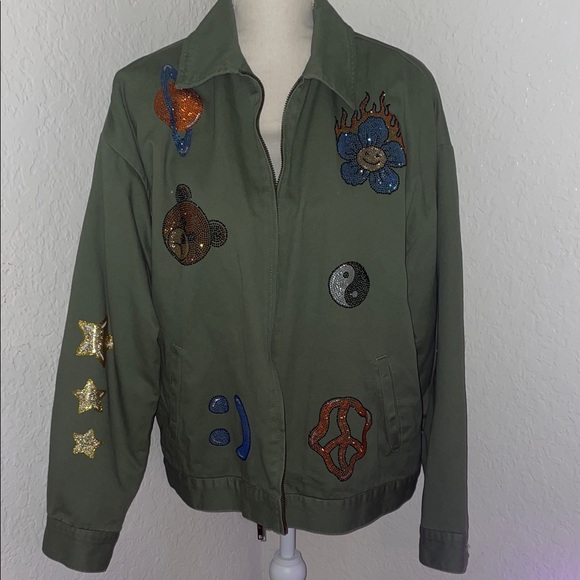 Forever 21 Olive Utility Jacket with Embroidered Patches - Picture 1 of 5